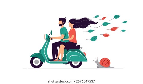 Joyful couple rides scooter past whimsical snail, leaves blowing in wind, capturing freedom and adventure