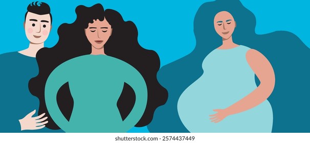 Joyful couple with surrogate pregnant woman as family planning and in vitro fertilization concept, flat vector stock illustration with IVF