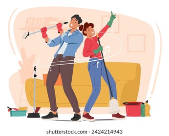 Joyful Couple Tidying Their Home, Immersed In Music Rhythms. Young Characters Sweeping And Singing, Their Laughter Harmonizes With The Melody, Turning Chores Into A Delightful Dance Of Togetherness