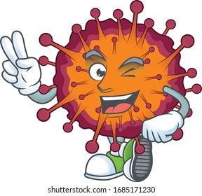 A joyful COVID19 syndrome mascot design showing his two fingers