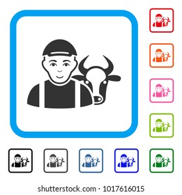 Joyful Cow Farmer vector icon. Human face has joy feeling. Black, grey, green, blue, red, pink color versions of cow farmer symbol in a rounded rectangular frame. A boy in a cap.