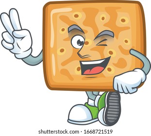 A joyful crackers mascot design showing his two fingers