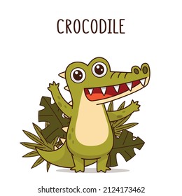 Joyful crocodile stands and waves near the leaves and bushes. Vector illustration for designs, prints and patterns. Isolated on white background