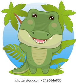 A joyful crocodile stands and waves near the leaves. Crocodile in kawaii style. Kawaii crocodile. Vector illustration of drawings, prints and patterns. Children s illustration. 