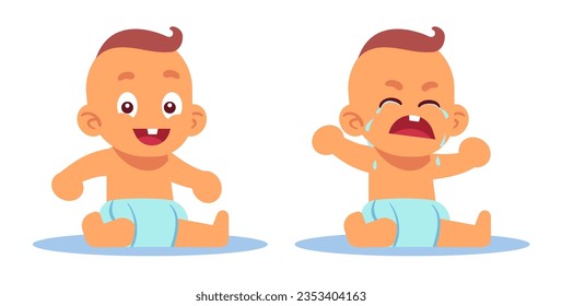 Joyful and crying baby. Newborn boy sitting on floor in diaper. Happy and sad kid. Caucasian toddler. Child different emotions. Cartoon flat isolated illustration. Vector childhood concept