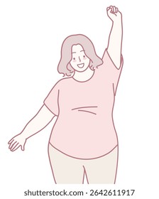 A joyful, curvy woman with a cheerful expression, joyfully raising her arm in enthusiastic celebration