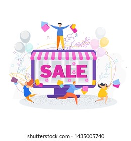 Joyful customers on sale in the online store. Cheerful tiny people, men and women with shopping bags. Internet sales. Discounts, promotions and gifts. Increase customer loyalty.