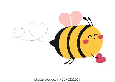 Joyful and Cute bee holding a red heart, surrounded by small hearts, minimal design in vector style for Valentine's Day, romance, affection and love concepts, isolated icon on white background.