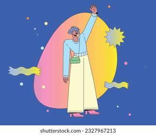 Joyful cute Dark-Skinned Woman in Casual Clothes Waves her Hand in Greeting. Expression of Emotion. Full body Character with raised Hand. Vector flat Illustration.