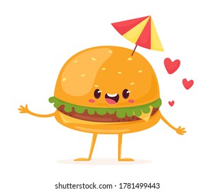 Joyful and cute hamburger with umbrella and hearts. Vector illustration in flat cartoon style.