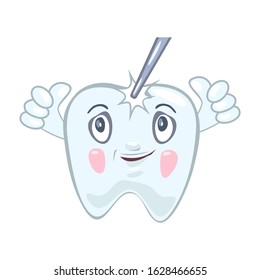 Joyful cute healthy tooth looking to stomatological instrument which touching him and showing thumb up, like gesture with both hands. Successful painless dental checkup. Vector cartoon illustration.