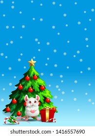 A joyful cute white mouse with a fir-tree with spheres and star, a Candy cane and gift box on blue with snowflakers. A vector illustration in cartoon 3d style, vertical