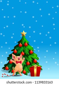 A joyful cute yellow pig with red bow and a fir-tree with spheres and star, a Candy cane and gift box on blue with snowflakers. A vector illustration in cartoon style, vertical