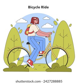 Joyful Cycling Journey. Energetic cyclist with a vibrant backpack enjoys a leisurely ride through a serene park setting. Embracing the great outdoors. Flat vector illustration