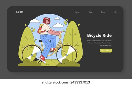 Joyful Cycling Journey. Energetic cyclist with a vibrant backpack enjoys a leisurely ride through a serene park setting. Embracing the great outdoors. Flat vector illustration