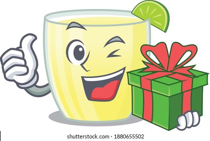 joyful daiquiri cocktail cartoon character with a big gift box