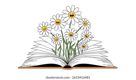 Joyful daisies blooming from an open book symbolizing imagination and the happiness of reading stories and learning new things