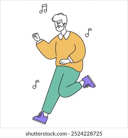 Conceito de dança alegre. Uma figura animada expressando felicidade com uma dança espontânea. Notas musicais flutuam para melhorar o humor alegre. Ilustração vetorial.