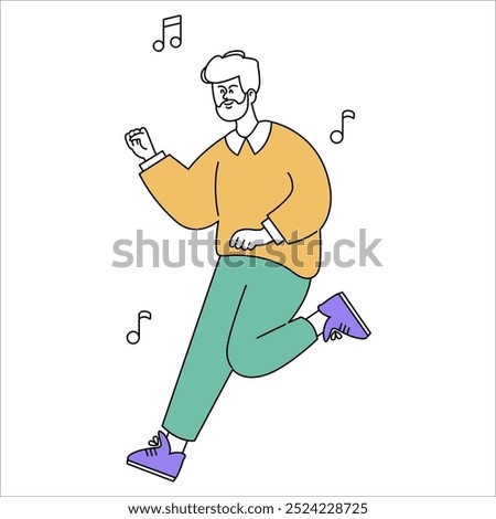 Joyful dance concept. An animated figure expressing happiness with a spontaneous dance. Musical notes float around to enhance the cheerful mood. Vector illustration.