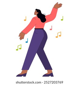 Joyful dance concept. Animated young woman grooving to music, surrounded by colorful notes. Carefree leisure activity. Vector illustration.