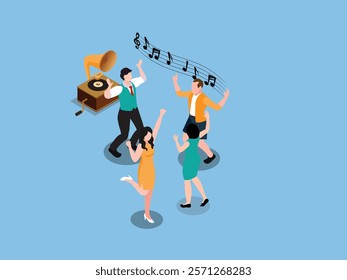 Joyful Dance Scene with Music Notes and Vintage Gramophone 3d isometric vector illustration