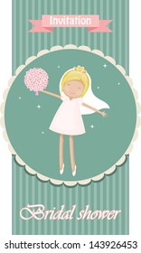 Joyful dancing bride with bouquet. Blue invitation for bridal shower