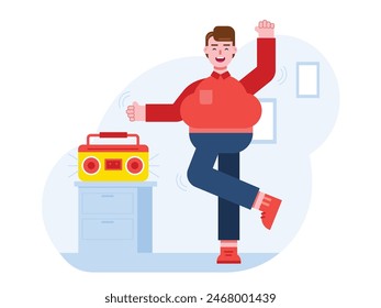 Joyful and dancing man listening to music on the radio at home, happy life. Character design. Vector flat illustration