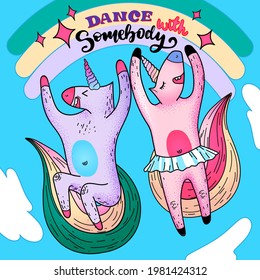 Joyful dancing unicorns. Postcard, poster, print, illustration.