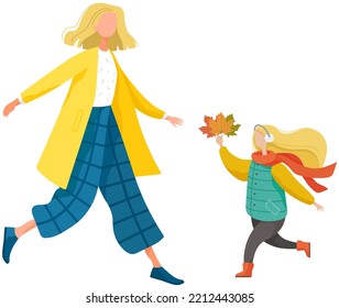 Joyful daughter brings her mother bouquet of leaves. Family walk in park in autumn season. Woman meets girl on street. Happy Family walking outside in garden together, playing, throwing leaves