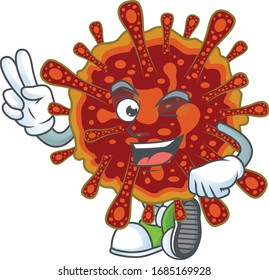 A joyful deadly coronvirus mascot design showing his two fingers