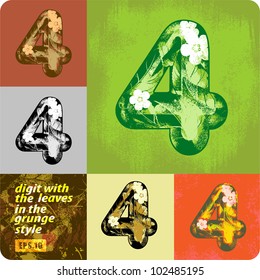Joyful Decorative digit "4" with the leaves in the grunge style. Eps10.