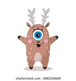 A joyful deer with a smile. A one-eyed character in a flat style. Isolated on a white background. Happiness. Made in vector. For design, prints, decoration of T-shirts, covers, packages, souvenirs