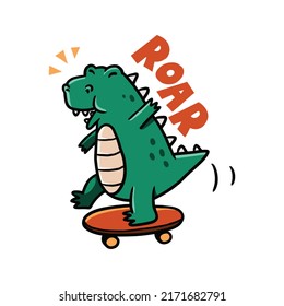 joyful dino play skateboard. cute dinosaur illustration hand drawn design. cute dino in childish style. 