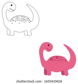 Joyful dinosaur in color and outline isolated on white background. Jurassic period. Stock vector illustration for decoration and design, postcards, fabrics, packaging, coloring, children's textiles