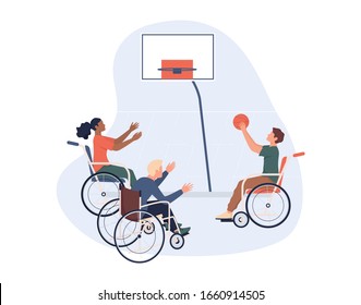 Joyful Disabled People In Wheelchair Playing Basketball. Concept Of Adaptive Sports For Disabled People. Isolated Vector Illustration In Cartoon Style