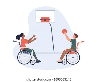 Joyful Disabled People In Wheelchair Playing Basketball. Concept Of Adaptive Sports For Disabled People. Isolated Vector Illustration In Cartoon Style