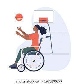 Joyful disabled woman in wheelchair playing basketball. Adaptive sports for disabled people. Ableism concept. Disability banner or poster. Isolated vector illustration in cartoon style