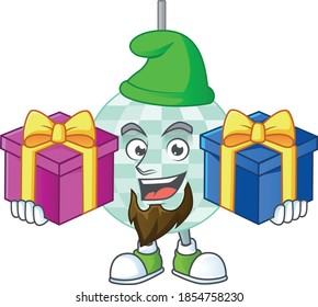 A joyful disco ball mascot design style with Christmas gifts. Vector illustration