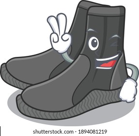 A joyful dive booties cartoon mascot style show two fingers pose