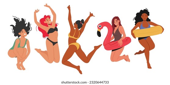 Joyful Diverse Beautiful Women Laughing And Jumping In Colorful Swimsuits, Celebrating Freedom, Confidence, And The Beauty Of Summer. Young Happy Female Characters. Cartoon People Vector Illustration