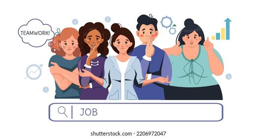 Joyful diverse people are looking for work. Teamwork. Invitation to the team. Conceptual vector illustration in cartoon style