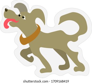 A joyful dog with a long, bright, pink tongue sticking out. A dog is standing with a pose ready to play.TThe dog is made in simple forms, sticker.