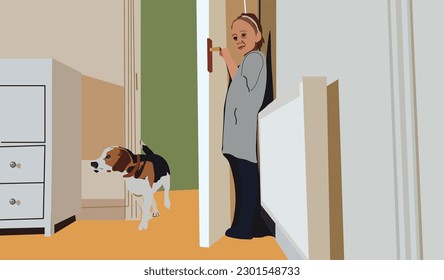 Freudender Hund spielt Verstecken und suchen mit jungen Mädchen, die sich in der Hintertür verstecken.