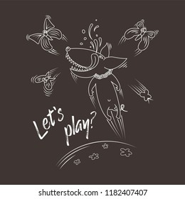 Joyful dog playing with butterflies. Vector  illustration.