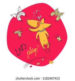 Joyful dog playing with butterflies. Vector  illustration.