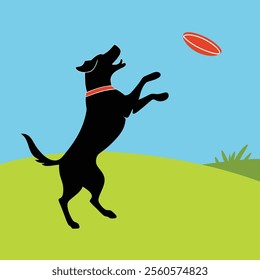 a joyful dog silhouette jumping to catch a frisbee free vector illustration