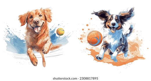 Joyful Dogs_Beach Frolic Watercolor Vector