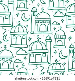 A joyful doodle pattern showcasing domes and mosques in vibrant Ramadan aesthetics.