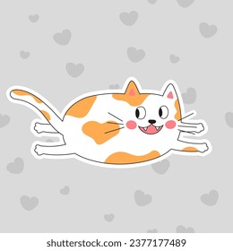 Joyful drawn cartoon red cat flies or lies. Sticker in doodle or cartoon style. With pattern seamless grey hearts.