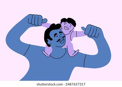 Joyful drawn character with mustache carrying smiling child on shoulders. Happy, caring family moment between father and son. Creative vector illustration. Hand drawn. Concept of family. childhood